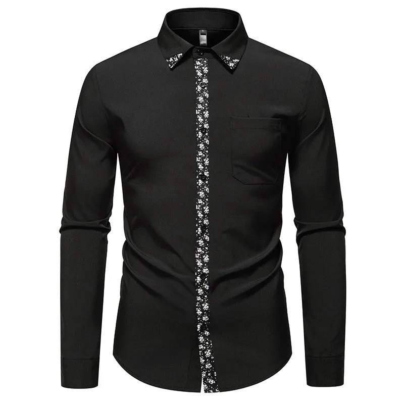 Men's black colour block long sleeve slim fit cardigan shirt in polyester