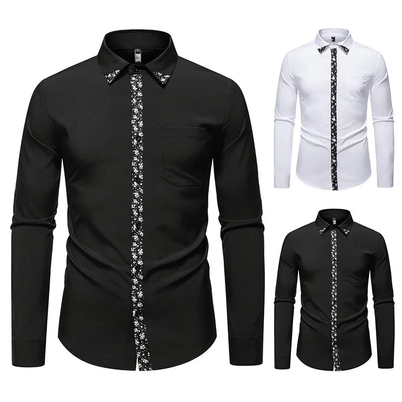 Men's black colour block long sleeve slim fit cardigan shirt in polyester