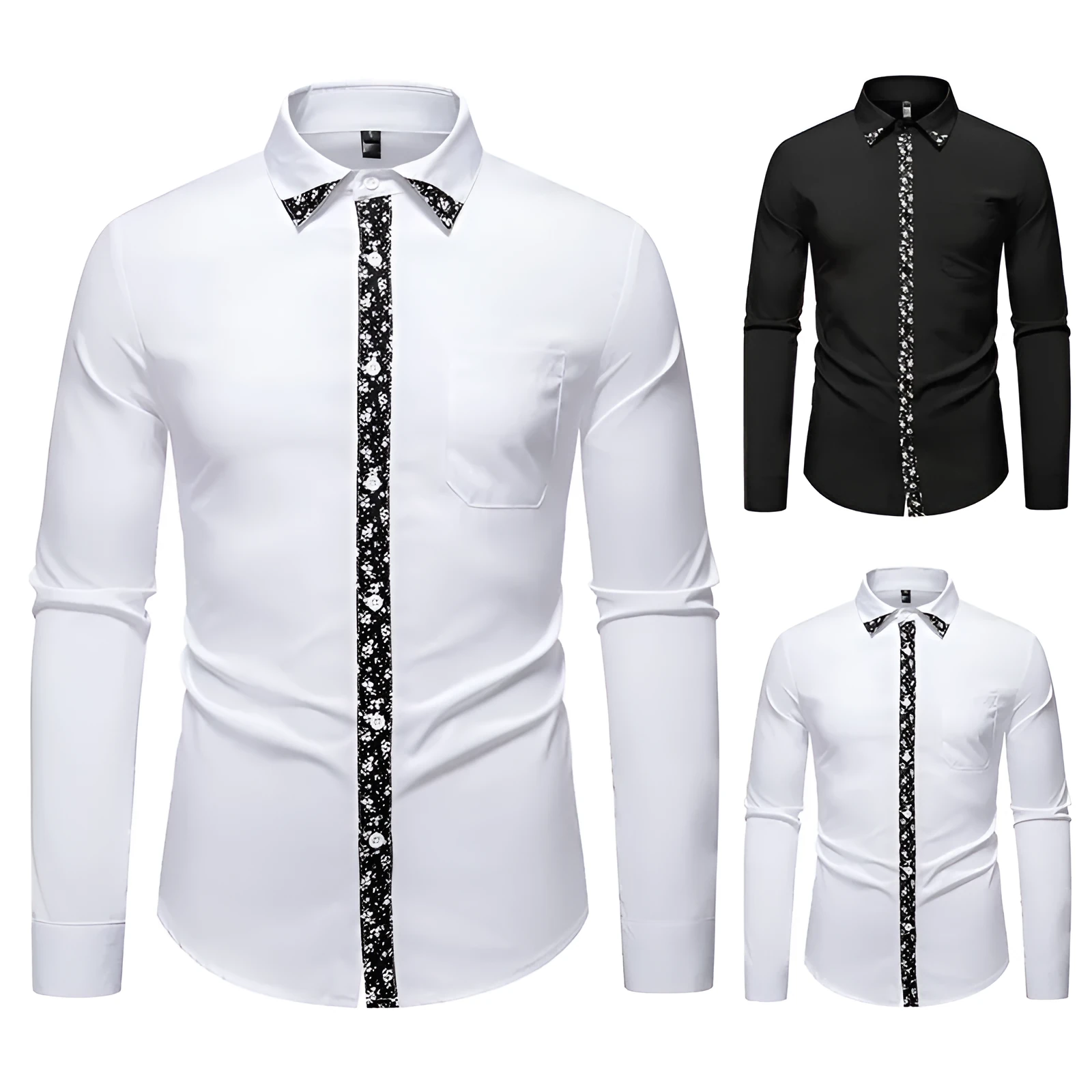 Men's black colour block long sleeve slim fit cardigan shirt in polyester