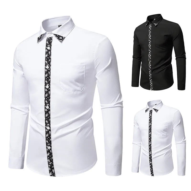 Men's black colour block long sleeve slim fit cardigan shirt in polyester