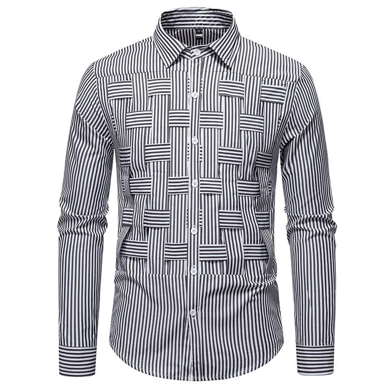 Striped woven plaid men's slim fit polyester cardigan shirt in black, blue, and brown
