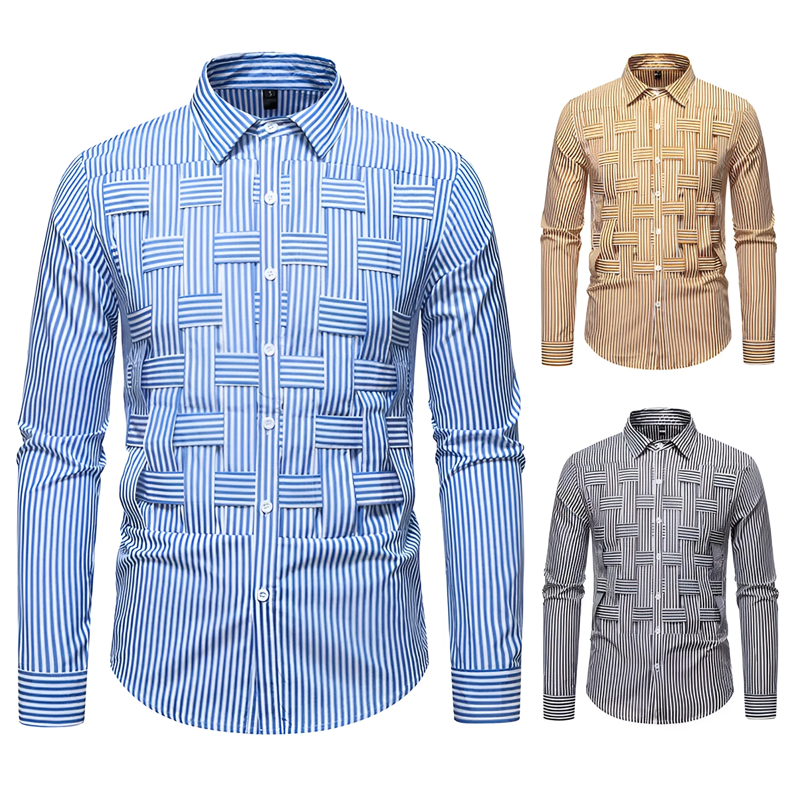 Striped woven plaid men's slim fit polyester cardigan shirt in black, blue, and brown