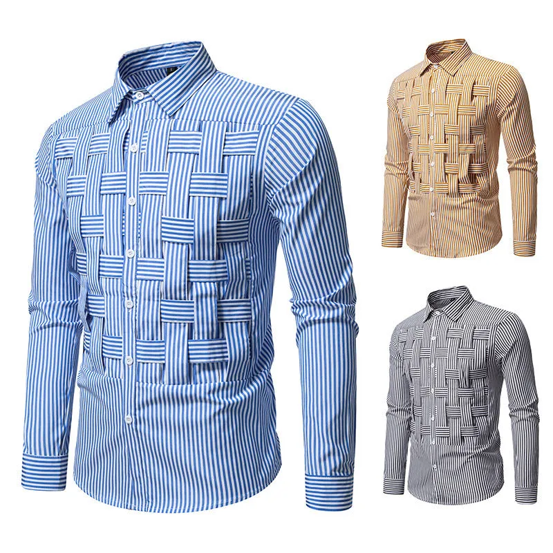 Striped woven plaid men's slim fit polyester cardigan shirt in black, blue, and brown