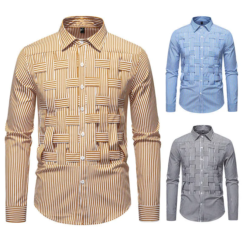 Striped woven plaid men's slim fit polyester cardigan shirt in black, blue, and brown