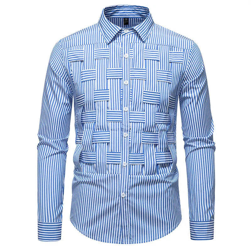 Striped woven plaid men's slim fit polyester cardigan shirt in black, blue, and brown