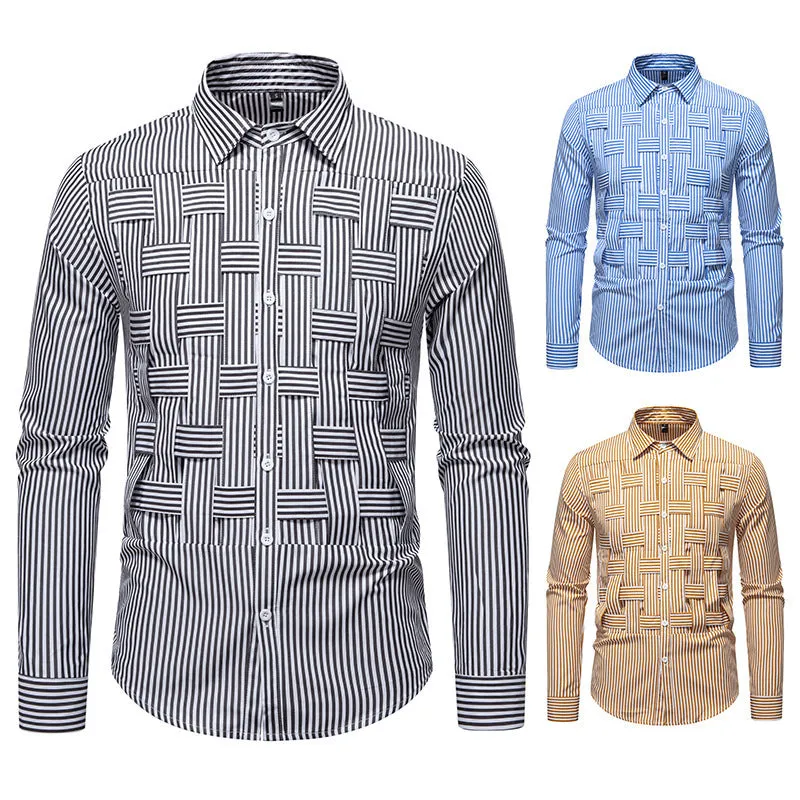Striped woven plaid men's slim fit polyester cardigan shirt in black, blue, and brown