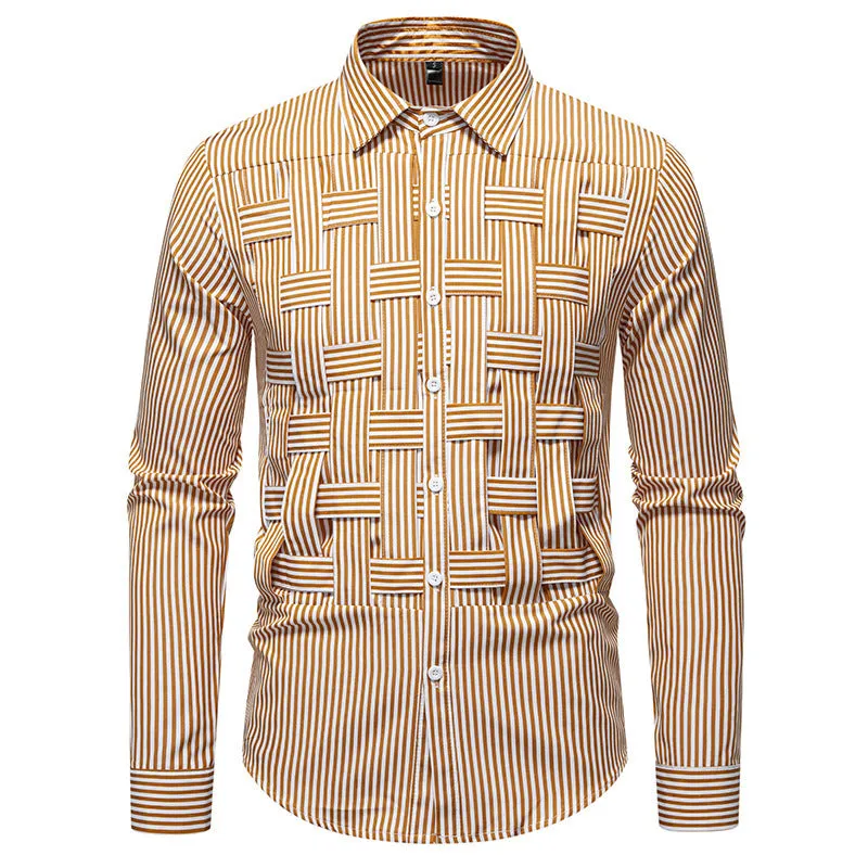 Striped woven plaid men's slim fit polyester cardigan shirt in black, blue, and brown
