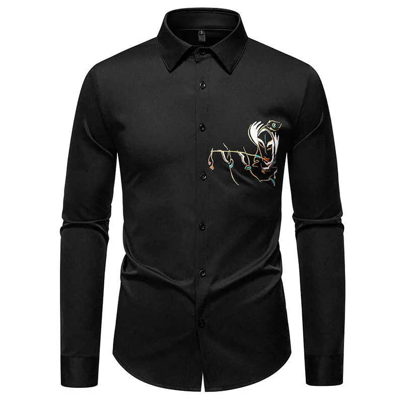 New Men's Long-sleeved Printed Casual Shirt in Polyester with Wool Lining and Slim Fit - Available in White, Black, Navy Blue - S to 2XL for Youth Adults Leisure Wear