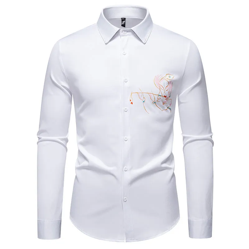 New Men's Long-sleeved Printed Casual Shirt in Polyester with Wool Lining and Slim Fit - Available in White, Black, Navy Blue - S to 2XL for Youth Adults Leisure Wear