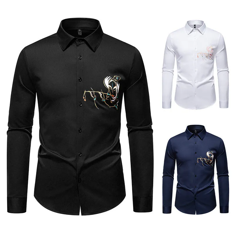 New Men's Long-sleeved Printed Casual Shirt in Polyester with Wool Lining and Slim Fit - Available in White, Black, Navy Blue - S to 2XL for Youth Adults Leisure Wear
