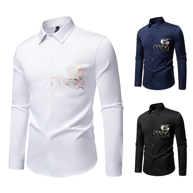New Men's Long-sleeved Printed Casual Shirt in Polyester with Wool Lining and Slim Fit - Available in White, Black, Navy Blue - S to 2XL for Youth Adults Leisure Wear