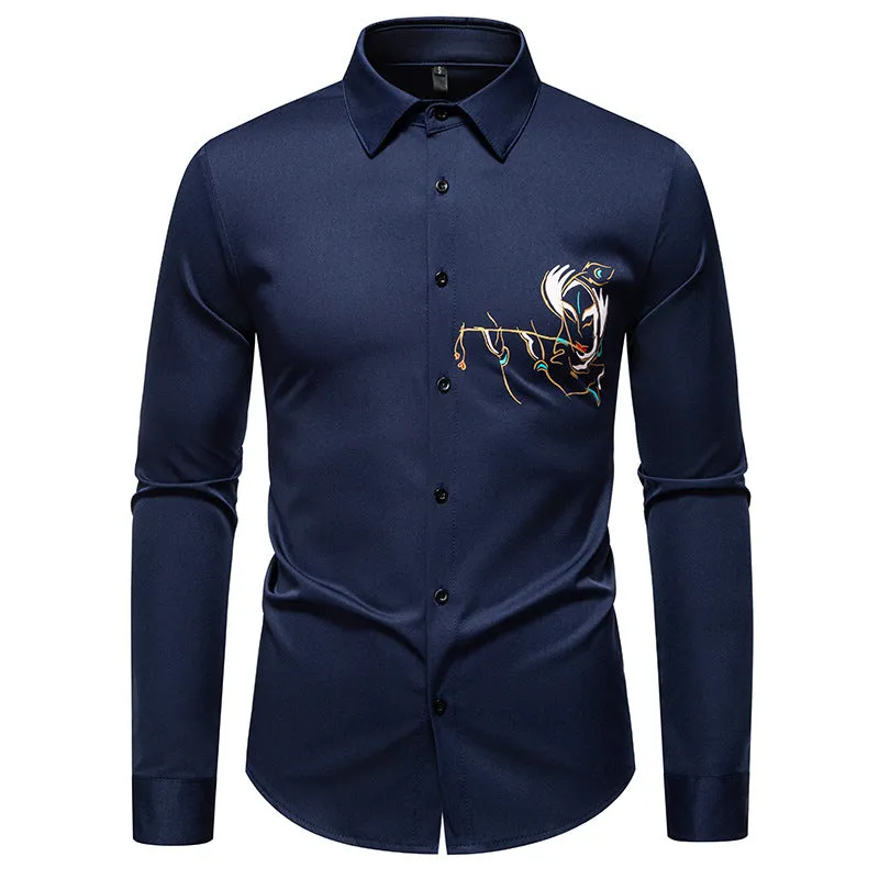 New Men's Long-sleeved Printed Casual Shirt in Polyester with Wool Lining and Slim Fit - Available in White, Black, Navy Blue - S to 2XL for Youth Adults Leisure Wear