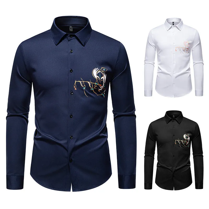 New Men's Long-sleeved Printed Casual Shirt in Polyester with Wool Lining and Slim Fit - Available in White, Black, Navy Blue - S to 2XL for Youth Adults Leisure Wear
