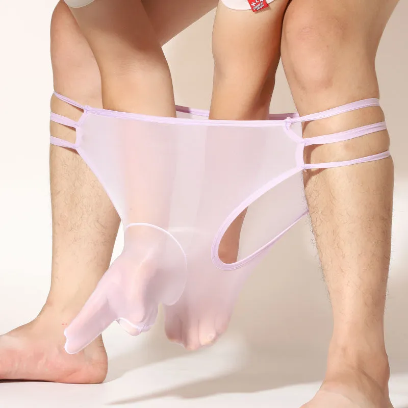 Men's transparent elephant nose shorts in nylon fabric showing free size fit and mid waist design