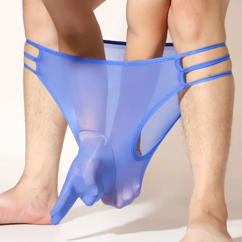 Men's transparent elephant nose shorts in nylon fabric showing free size fit and mid waist design