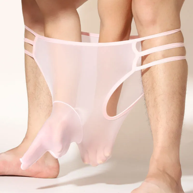 Men's transparent elephant nose shorts in nylon fabric showing free size fit and mid waist design