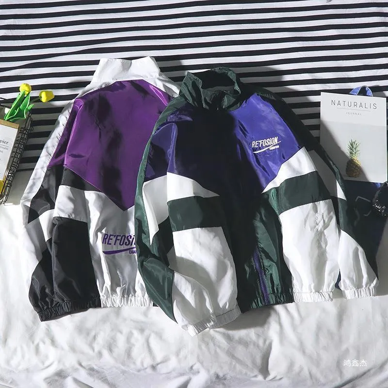 Men's green hip hop autumn jacket with cotton blend fabric, loose fit, and side seam pockets on a model