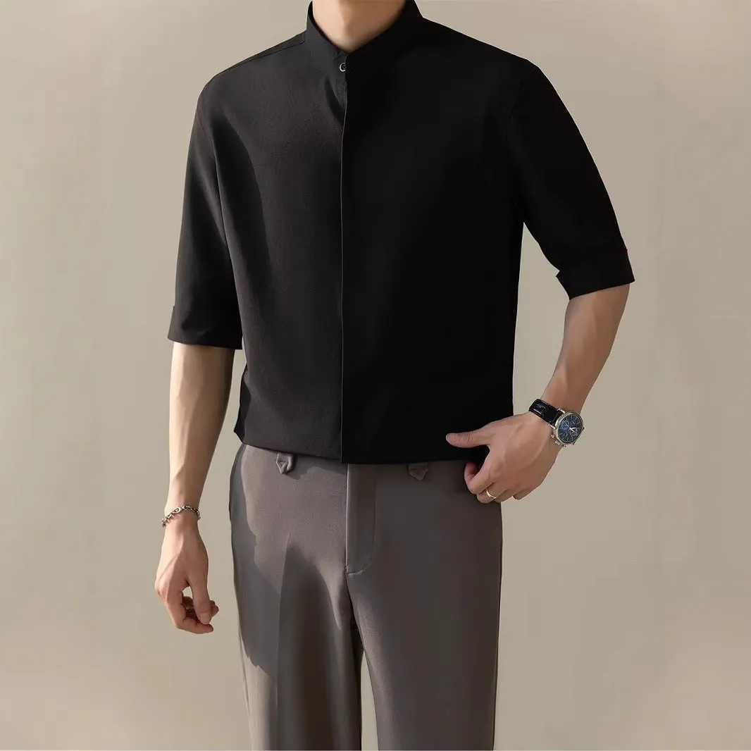 Men's thin stand collar short sleeve shirt in white, half sleeve polyester blend casual top
