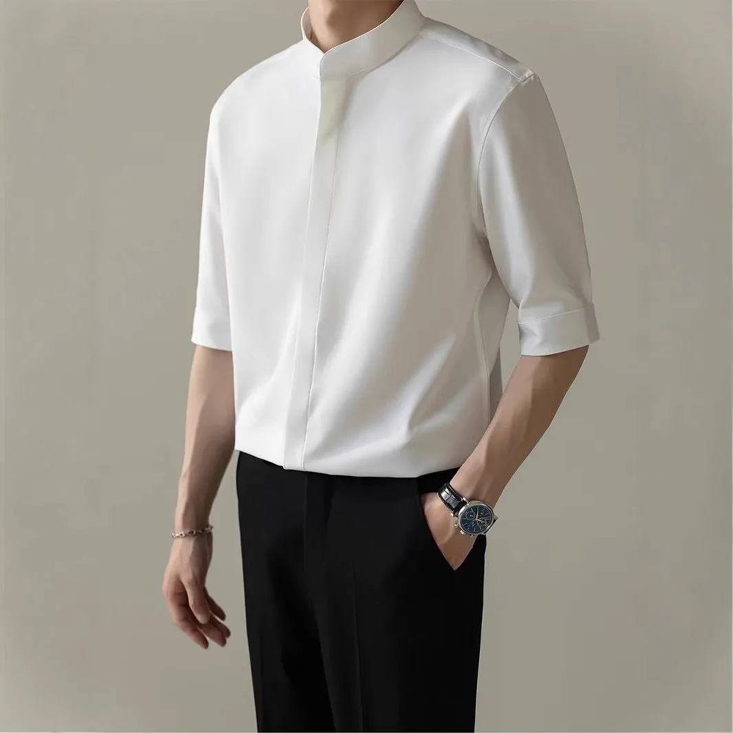 Men's thin stand collar short sleeve shirt in white, half sleeve polyester blend casual top