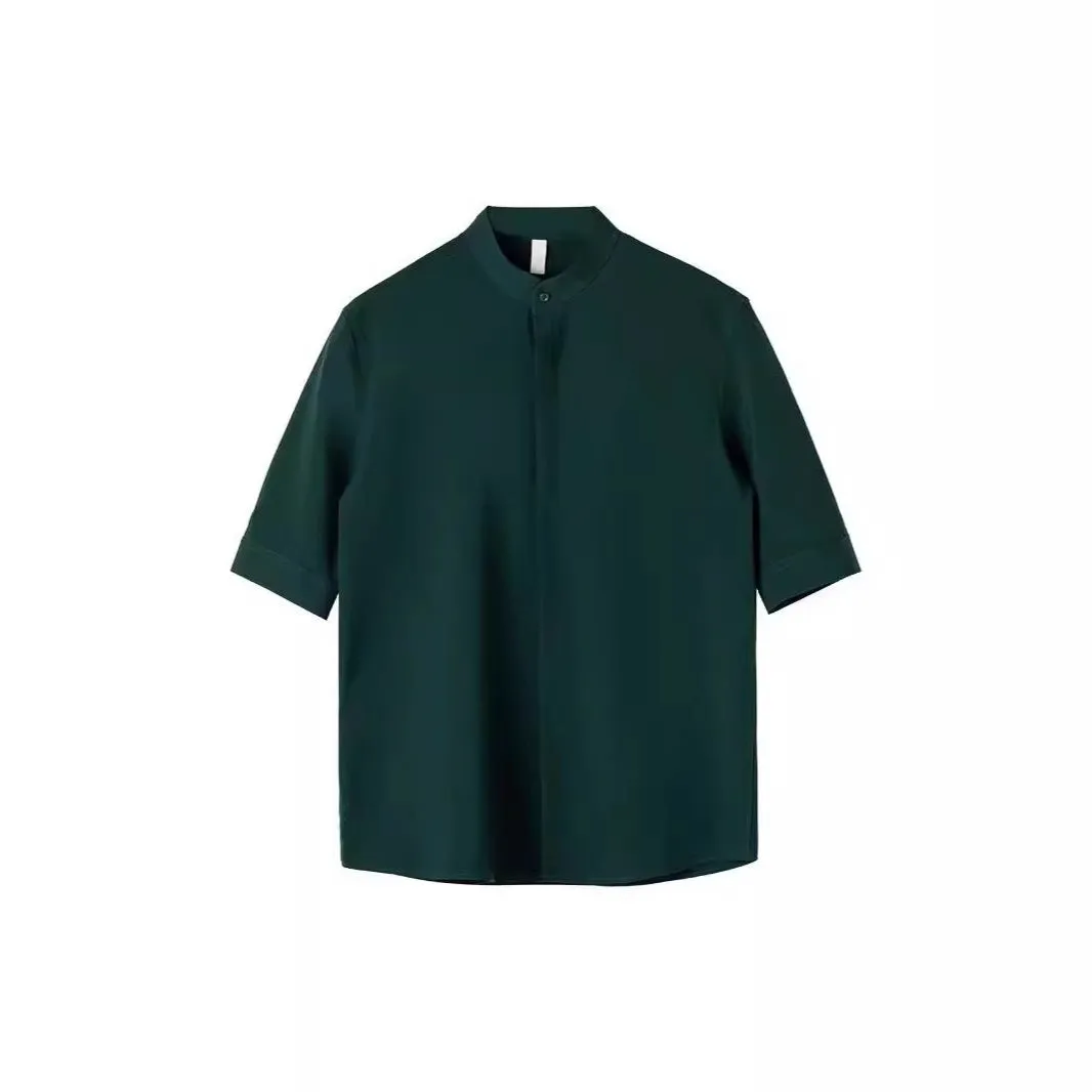 Men's thin stand collar short sleeve shirt in white, half sleeve polyester blend casual top