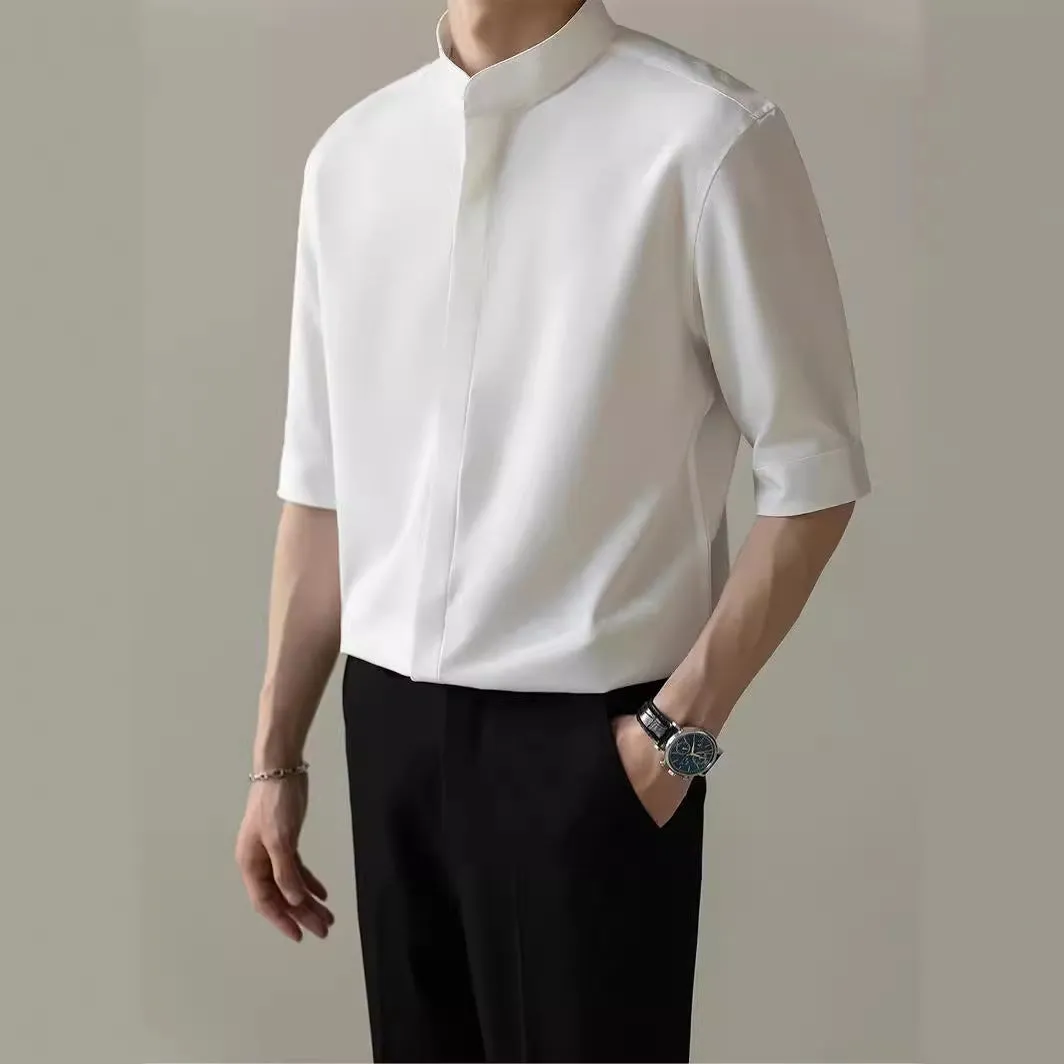 Men's thin stand collar short sleeve shirt in white, half sleeve polyester blend casual top