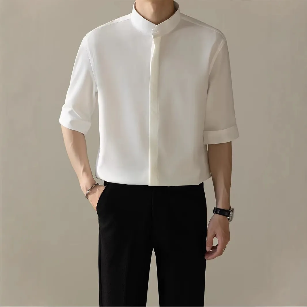 Men's thin stand collar short sleeve shirt in white, half sleeve polyester blend casual top