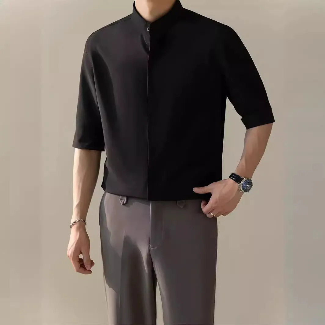 Men's thin stand collar short sleeve shirt in white, half sleeve polyester blend casual top