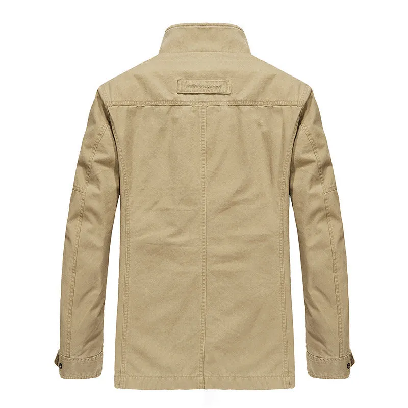 Men's mid-length loose cotton washed jacket in khaki, long-sleeved solid colour casual coat