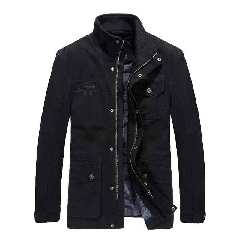 Men's mid-length loose cotton washed jacket in khaki, long-sleeved solid colour casual coat