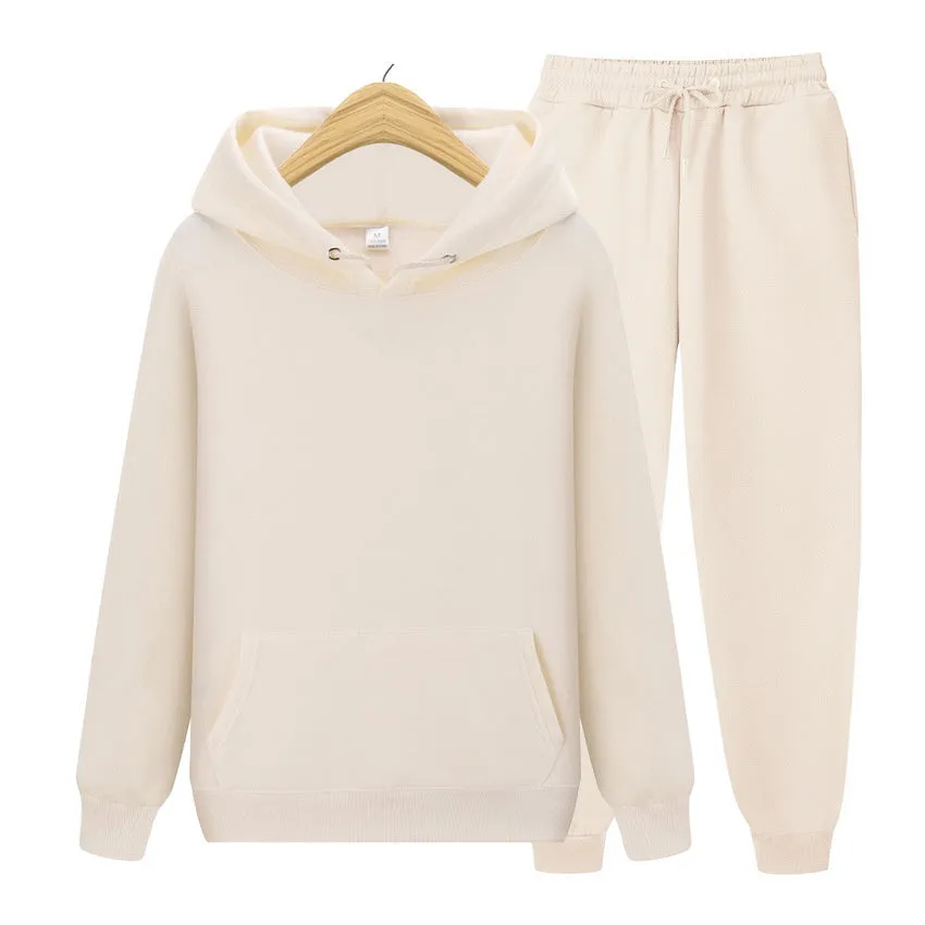 Men's sports set with hooded polyester jacket ribbed cuffs hem and matching sweatpants solid colour beige