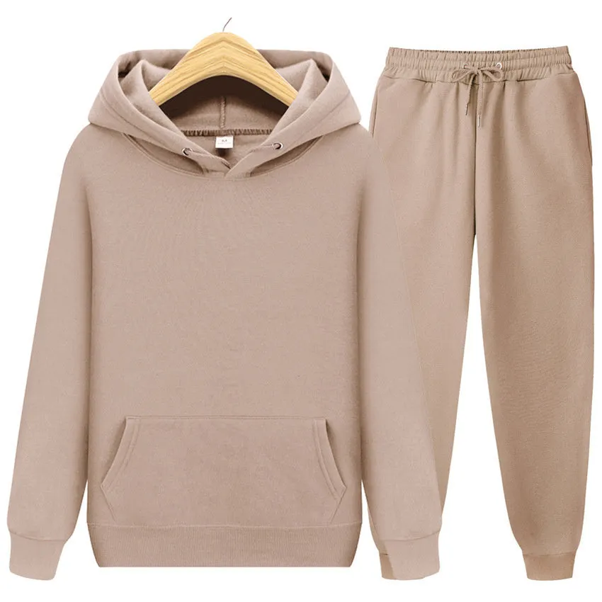 Men's sports set with hooded polyester jacket ribbed cuffs hem and matching sweatpants solid colour beige