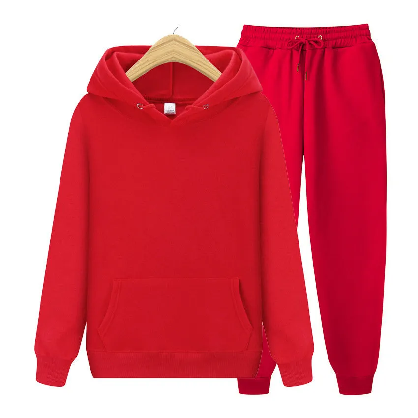 Men's sports set with hooded polyester jacket ribbed cuffs hem and matching sweatpants solid colour beige