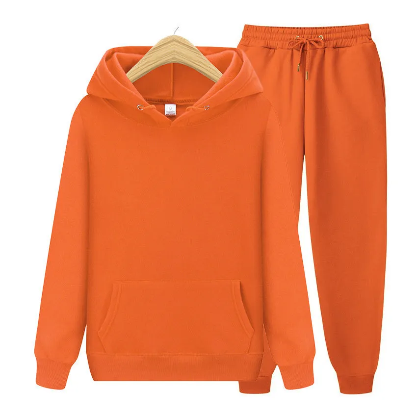 Men's sports set with hooded polyester jacket ribbed cuffs hem and matching sweatpants solid colour beige