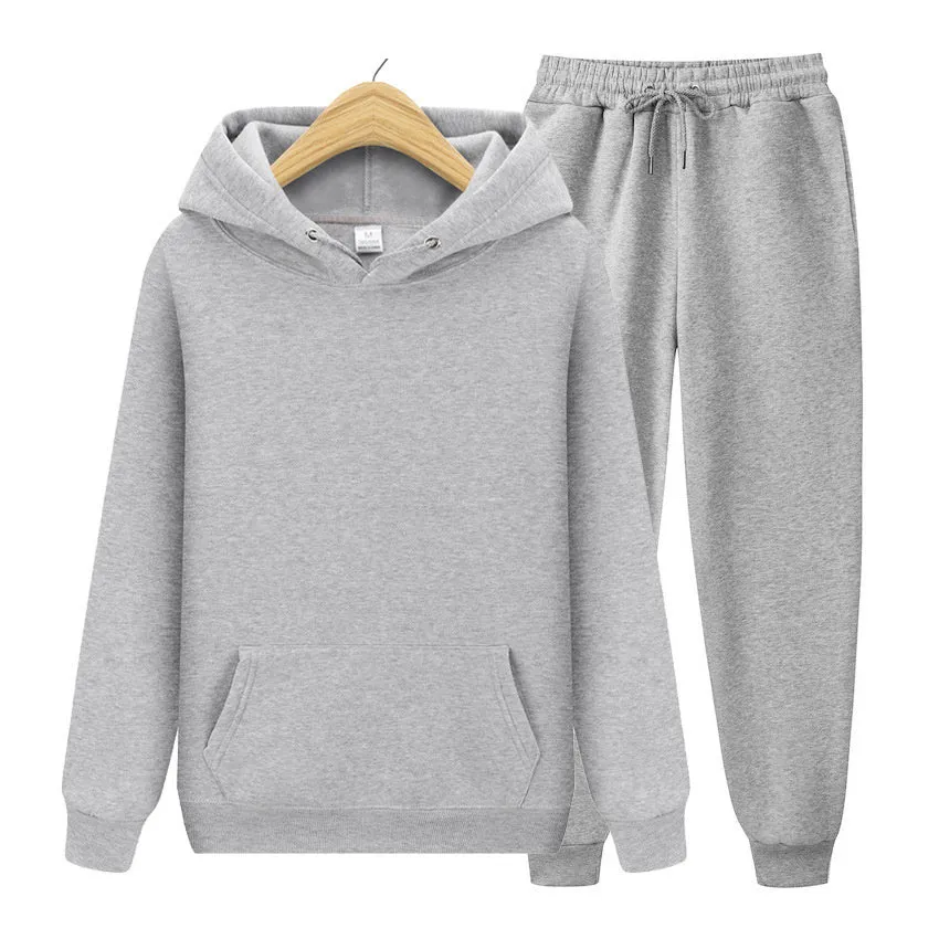 Men's sports set with hooded polyester jacket ribbed cuffs hem and matching sweatpants solid colour beige