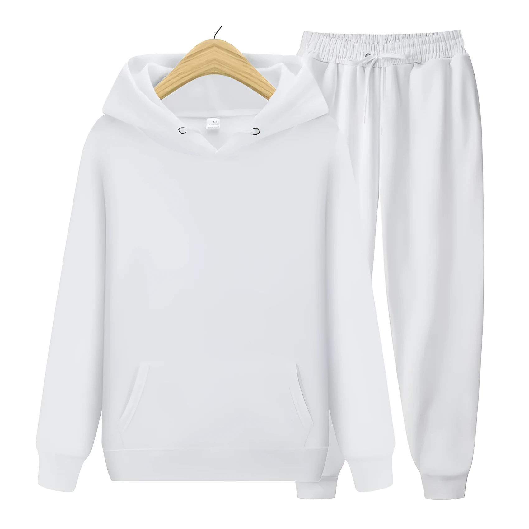 Men's sports set with hooded polyester jacket ribbed cuffs hem and matching sweatpants solid colour beige