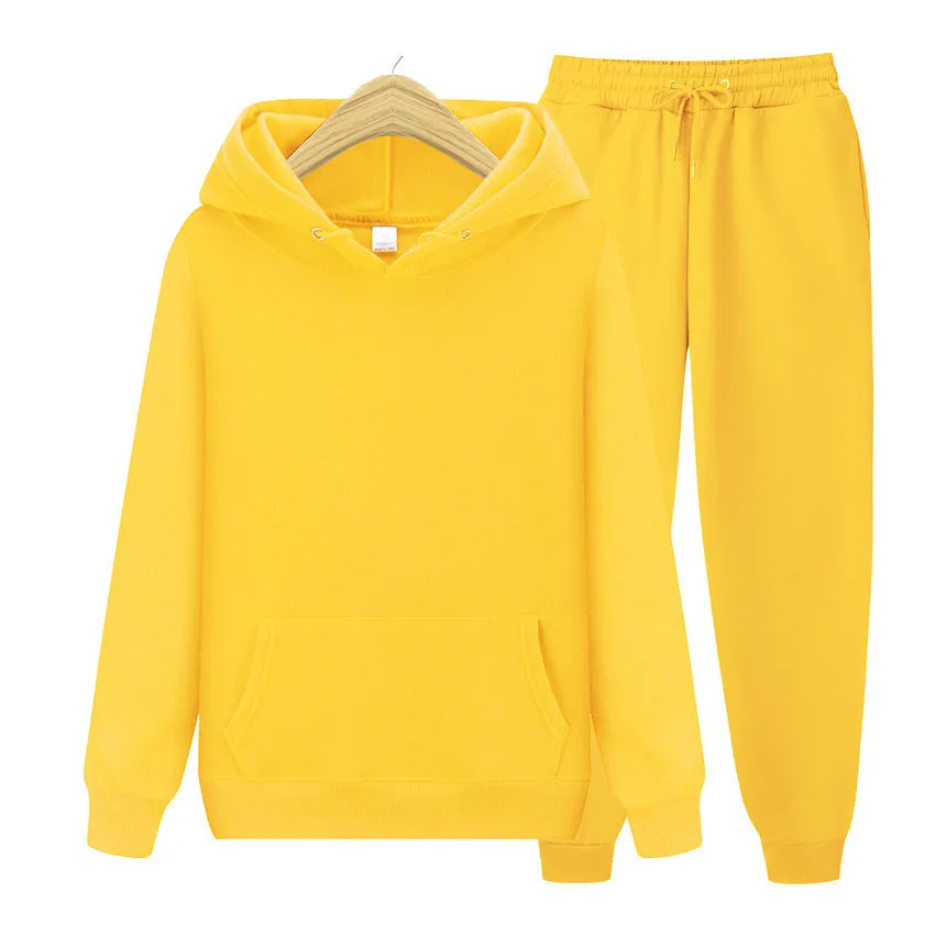 Men's sports set with hooded polyester jacket ribbed cuffs hem and matching sweatpants solid colour beige