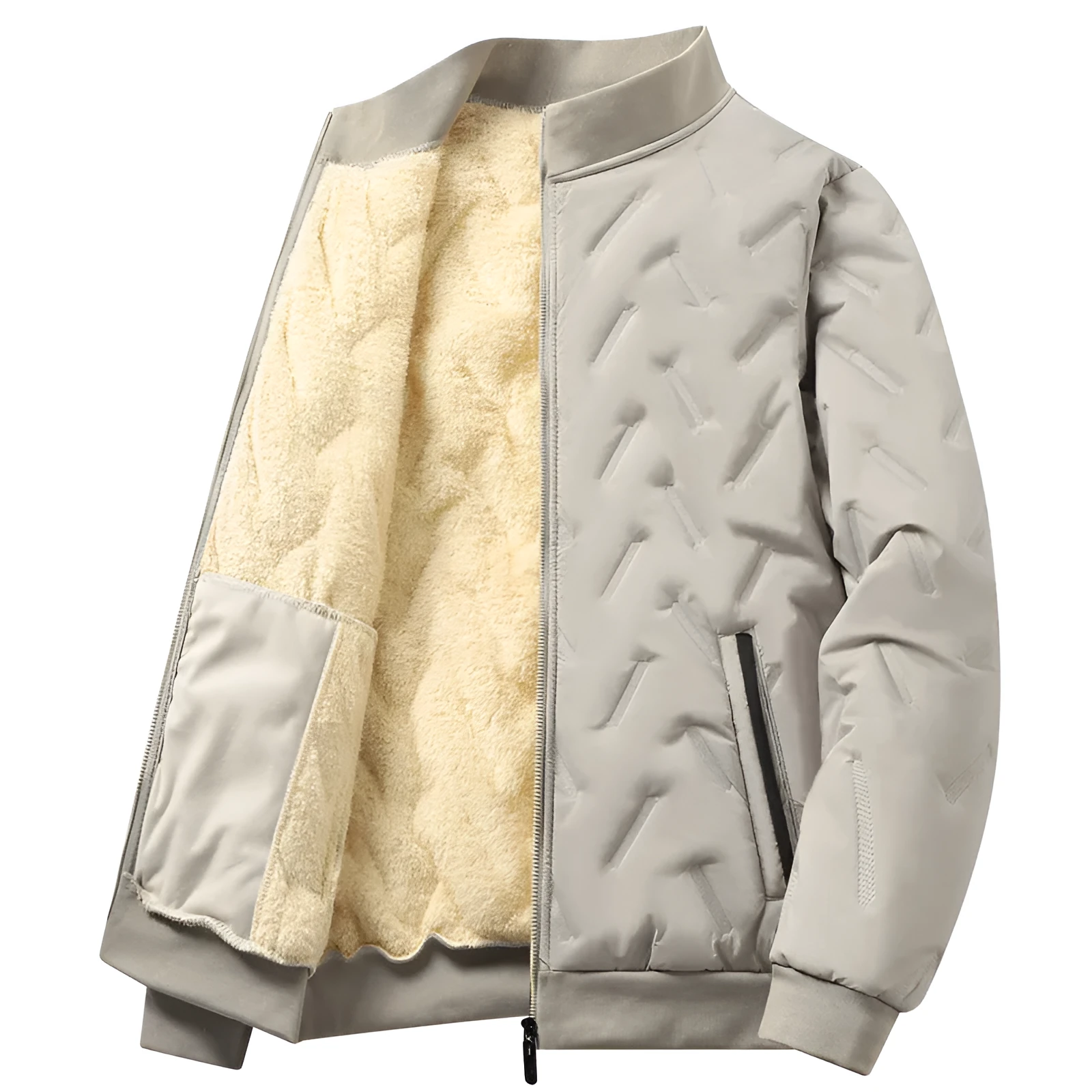 Loose fleece-lined pullover coat in khaki, front view, solid colour polyester fibre, available in sizes M to 4XL