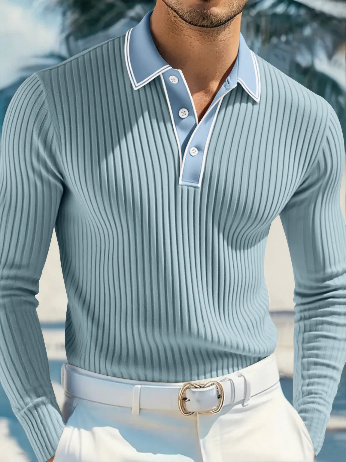 Men's loose-fit long-sleeved polo shirt in black, mosaic pattern, polyester blend, front view