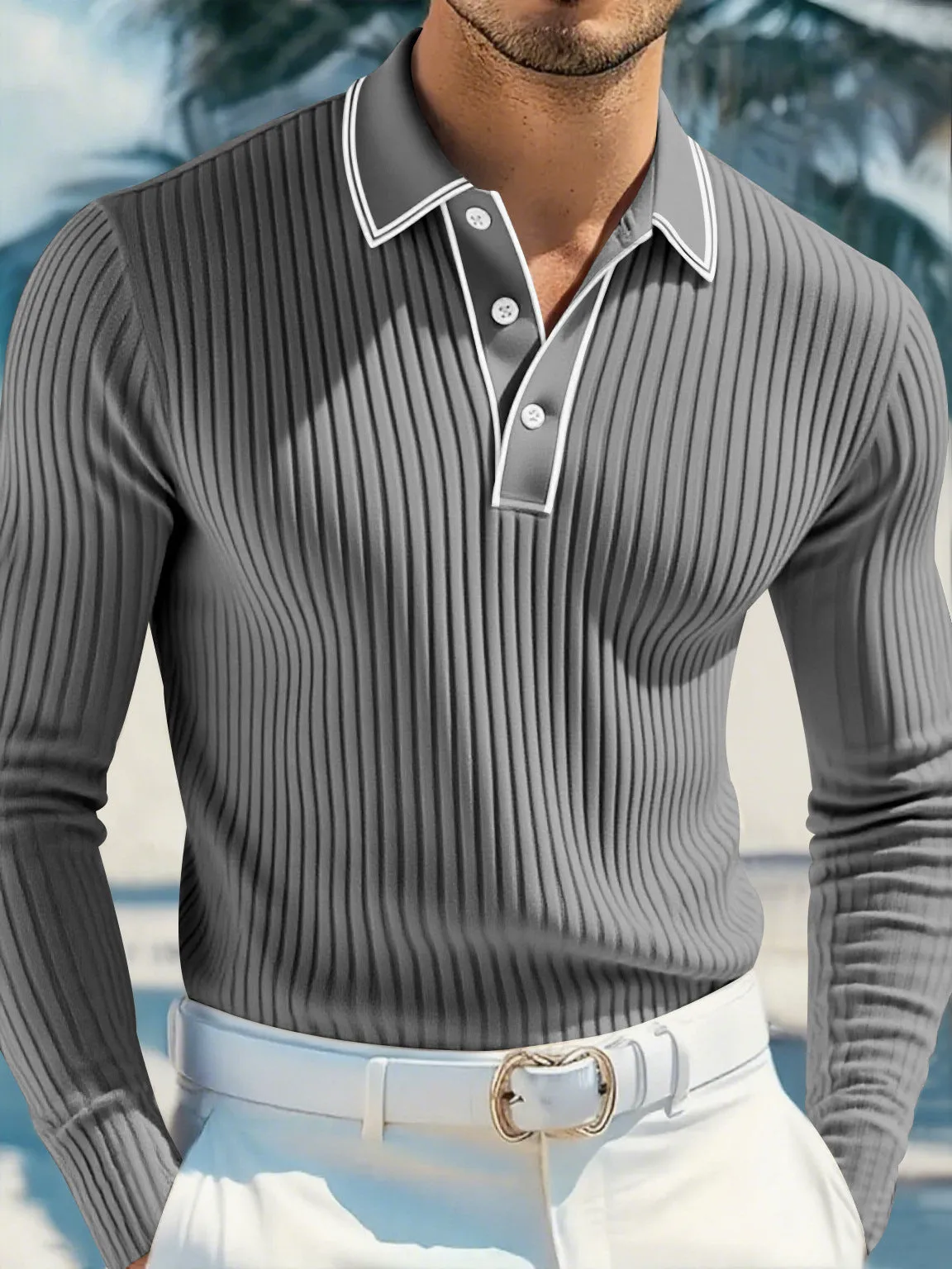 Men's loose-fit long-sleeved polo shirt in black, mosaic pattern, polyester blend, front view