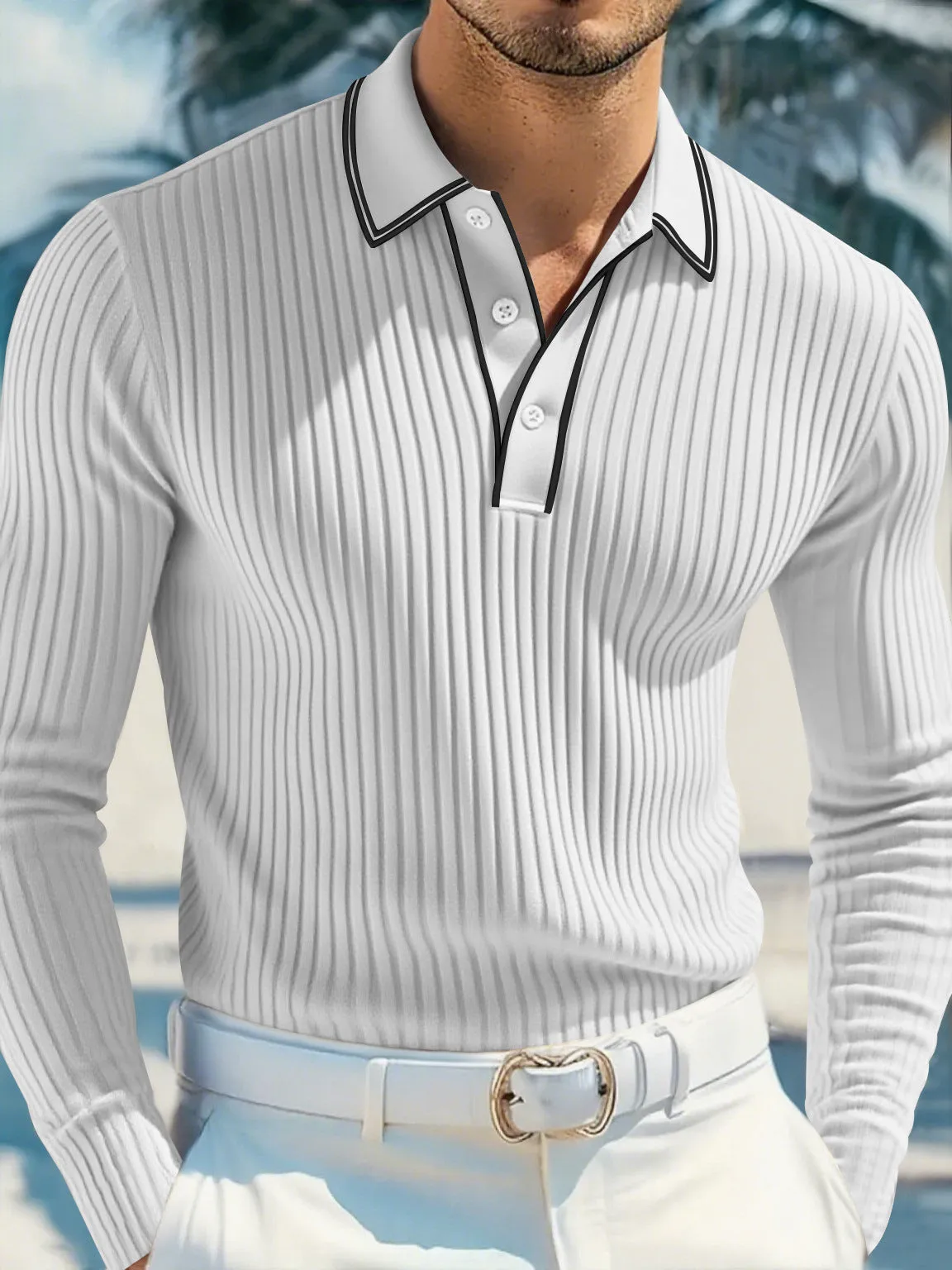 Men's loose-fit long-sleeved polo shirt in black, mosaic pattern, polyester blend, front view