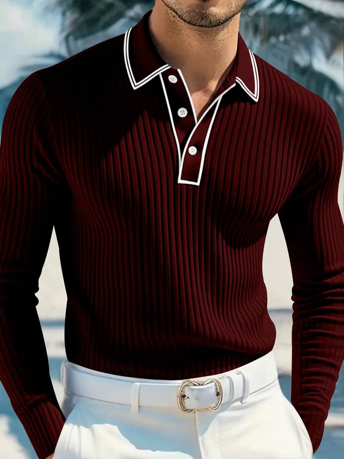 Men's loose-fit long-sleeved polo shirt in black, mosaic pattern, polyester blend, front view