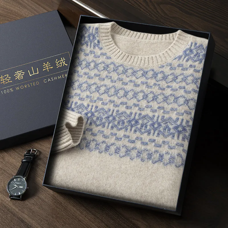 Men's jacquard cashmere sweater in beige, loose fit, long sleeves, thickened wool knit