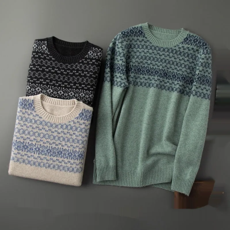 Men's jacquard cashmere sweater in beige, loose fit, long sleeves, thickened wool knit