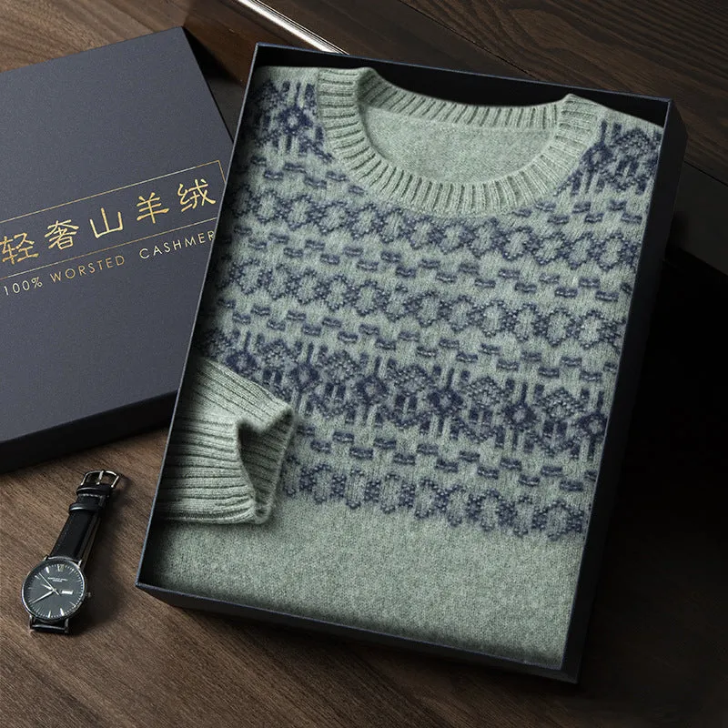 Men's jacquard cashmere sweater in beige, loose fit, long sleeves, thickened wool knit