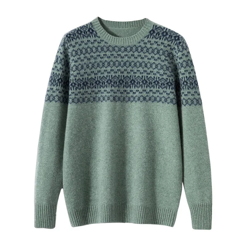 Men's jacquard cashmere sweater in beige, loose fit, long sleeves, thickened wool knit