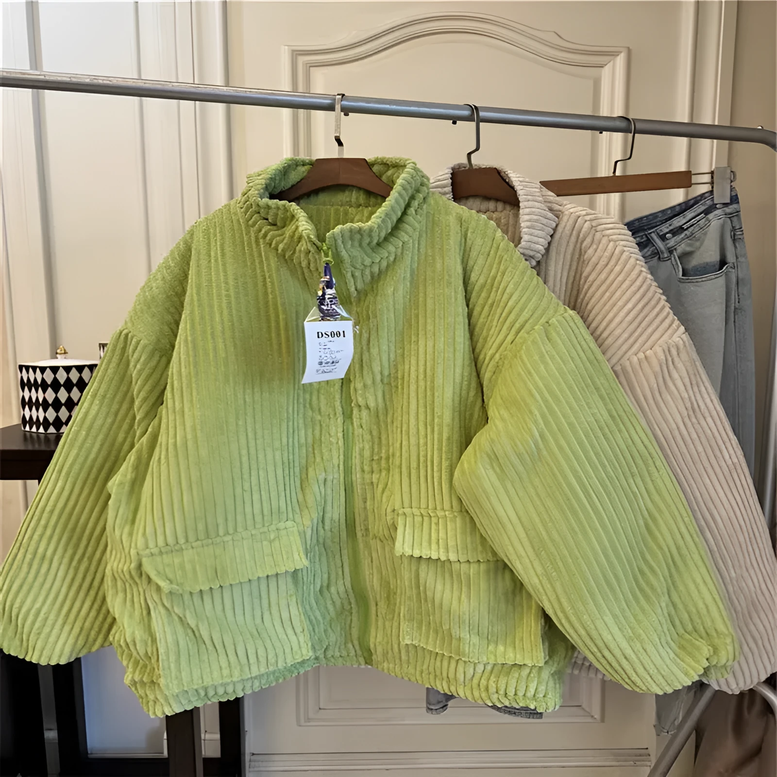 Men's thick corduroy bread coat in khaki, loose cardigan fit with patch pocket on front
