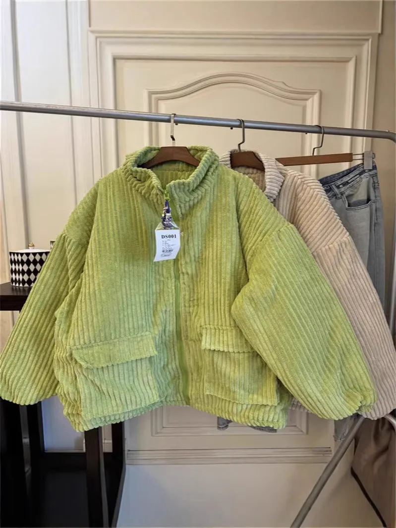 Men's thick corduroy bread coat in khaki, loose cardigan fit with patch pocket on front