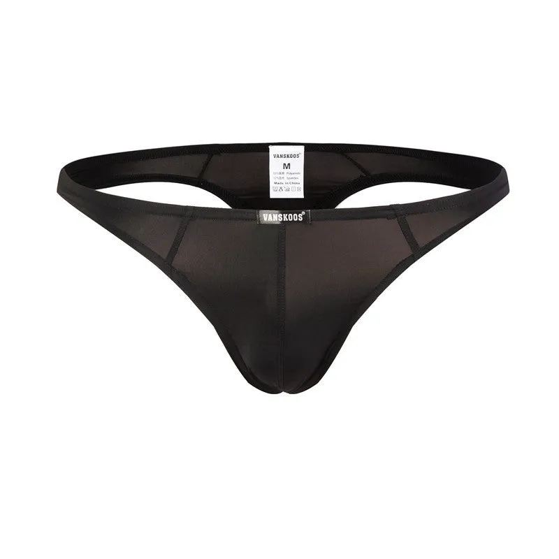 Men's low waist T-shaped bikini swimming trunks in solid colour nylon fabric, front view.