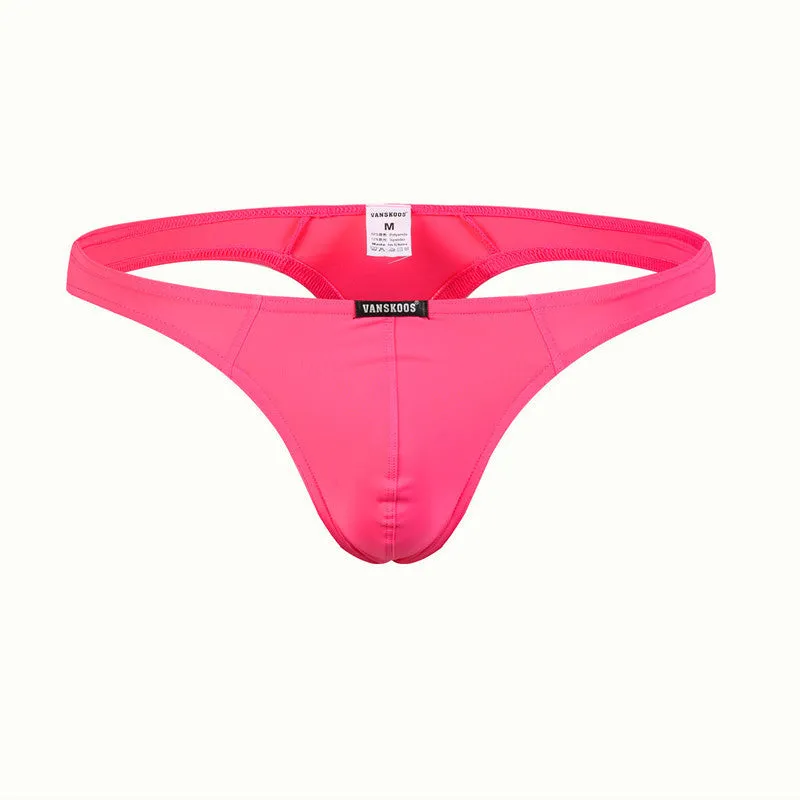 Men's low waist T-shaped bikini swimming trunks in solid colour nylon fabric, front view.