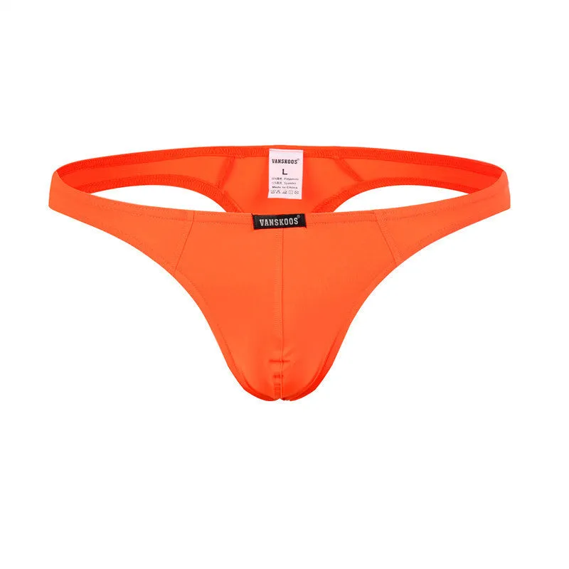 Men's low waist T-shaped bikini swimming trunks in solid colour nylon fabric, front view.
